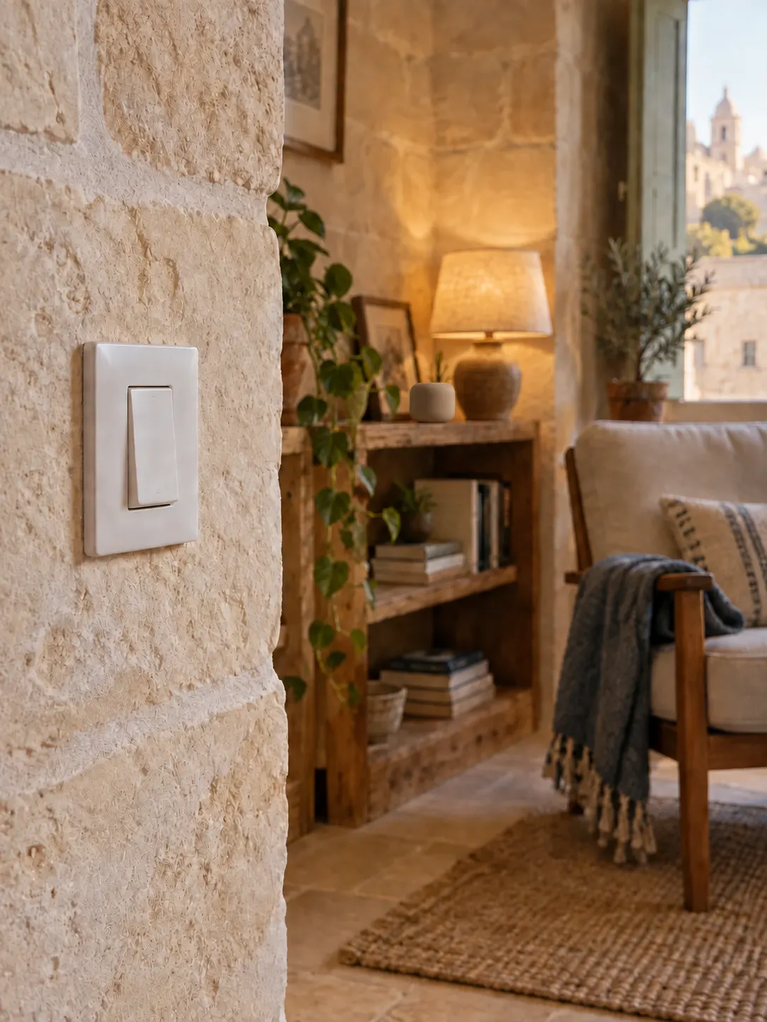 Illustrative wall switch with a smart speaker on the shelf